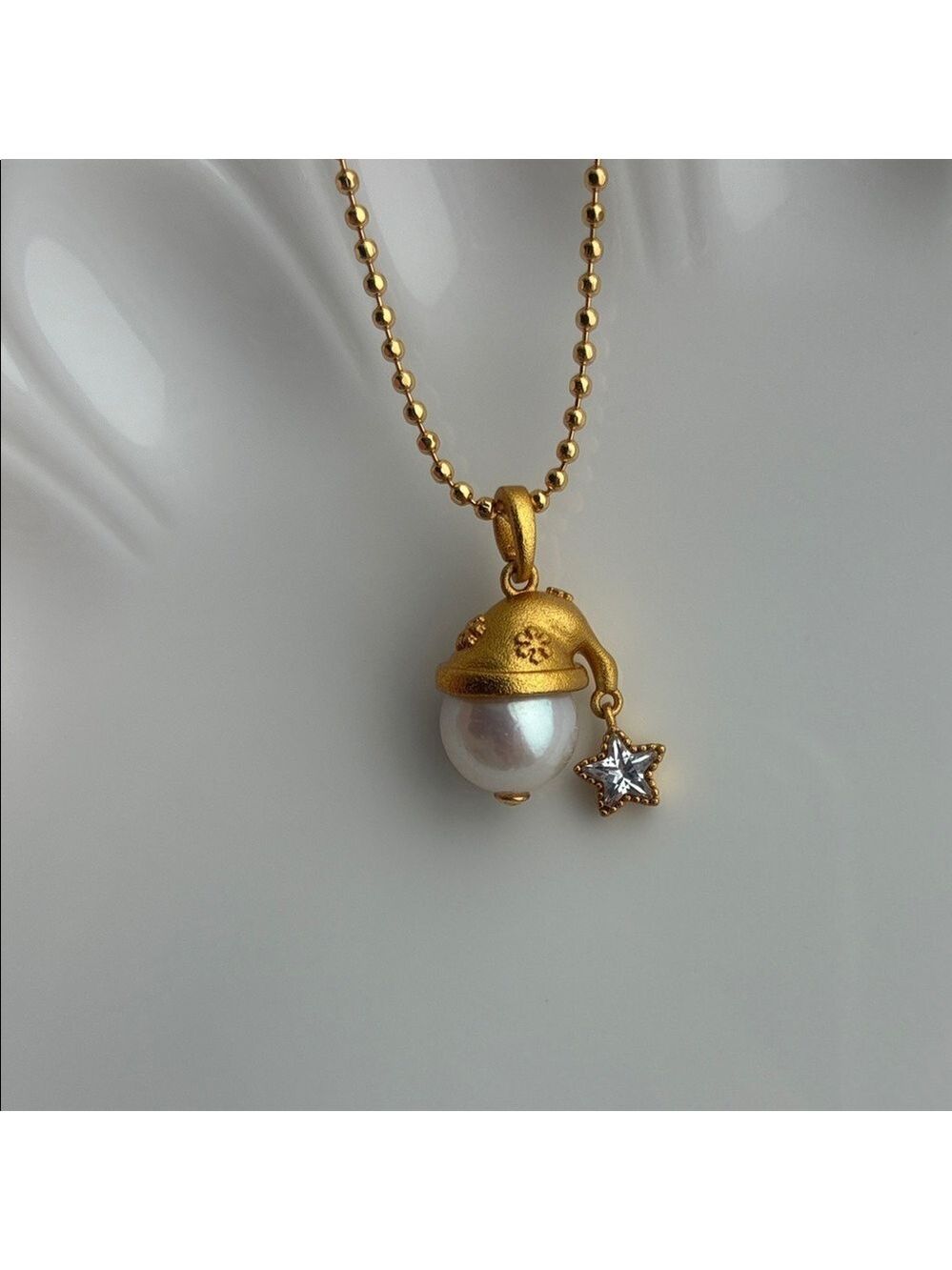 Handmade Gold-Plated Pendant Necklace with Pearls|Santa Necklace|Holiday Jewelry